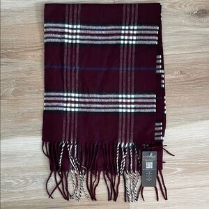 V. Fraas Cashmink Burgundy Plaid Fringe Scarf New with Tags